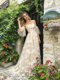 Tulle Champagne Floral Off The Shoulder Prom Dress