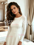 Scoop Neck Long Sleeve A-Line Spandex Chiffon Wedding Dress Slit