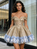 Sequin A Line Feather Off The Shoulder Homecoming Dress