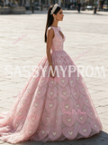 Pink Heart Pearls Keyhole A Line Jewel Tulle Prom Dress