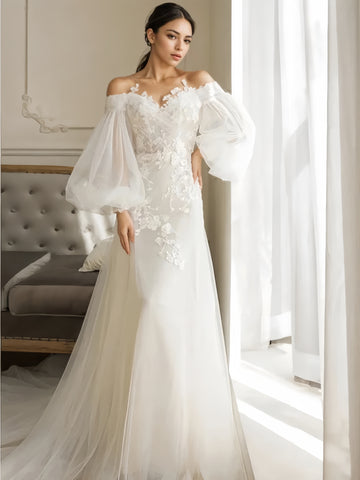 Long Sleeve Tulle A Line Appliques Wedding Dress