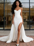 Front Slit Sweep Train Satin Sweetheart Mermaid Wedding Dress