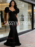 Sweetheart Satin Trumpet Mermaid Puffy Sleeve Black Prom Dress
