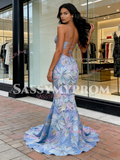 V Neck Trumpet Mermaid Straps Blue Beading Print Prom Dress