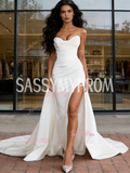 Front Slit Sweep Train Satin Sweetheart Mermaid Wedding Dress