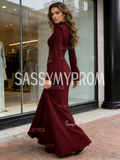 Satin Detachable Train High Neck Burgundy Trumpet Mermaid Prom Dress