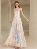 A Line Sequin Pink Sequin V Neck Prom Dress