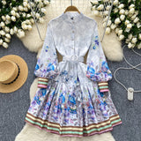 Belt Puffy Sleeves Floral Button-Down Dress