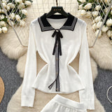 Pleated Skirt Bow White Black Knit Set