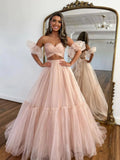Sweetheart Two Pieces Pink Tulle Long Prom Dress