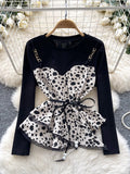 Black Leopard Ribbon Tie Print Blouse