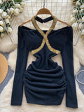 Sleek Sparkling Gold Long Sleeve Black Bodycon Dress