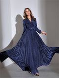 Navy Bow V Neck Velvet Long Sleeve Prom Dress