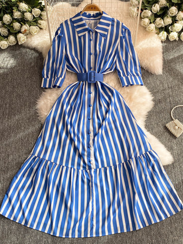 Blue Belt Striped Midi Shirt Dress