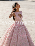 Pink Heart Pearls Keyhole A Line Jewel Tulle Prom Dress