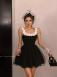 Flower Puffy Short Mini Ruffles Black Dress