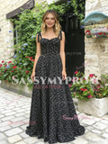 A Line Tulle Print Floral Tie Straps Black Prom Dress