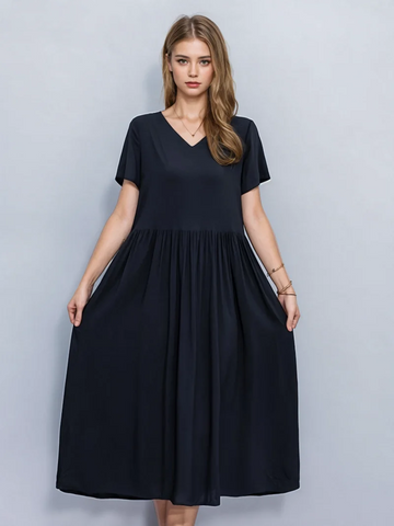 V-Neckline Gathered Waist Maxi Black Dress