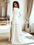 Scoop Neck Long Sleeve A-Line Spandex Chiffon Wedding Dress Slit