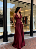 V Neck Chiffon Pleats Burgundy A Line Prom Dress