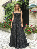A Line Tulle Print Floral Tie Straps Black Prom Dress