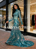 High Neck Sequin Floral Green Long Sleeve Prom Dress