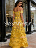 Feather Yellow A Line Off The Shoulder Sparkle Prom Dress