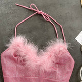 Fluffy Feather Shiny Pink Halter Top