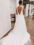 V Neck Backless White Lace Wedding Dress