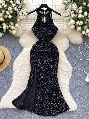 Sparkle Stylish Front Slit Black Dress