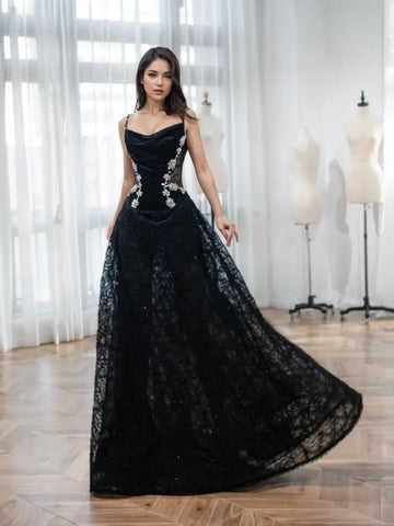 Lace Beading A Line Black Spaghetti Straps Prom Dress US8 / As the picture Lace Beading A Line Black Spaghetti Straps Prom Dress US8 / As the picture