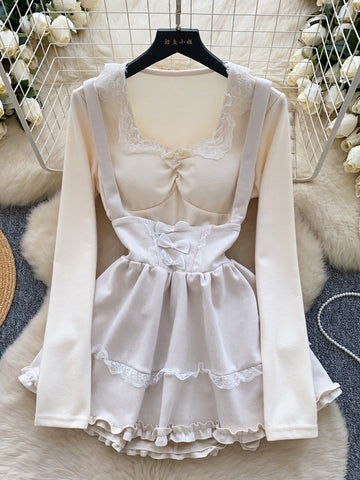 Lace Sweet Beige Two Piece Dress