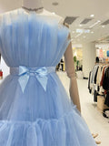 Pleats Short Blue Tulle Homecoming Dress with Bow