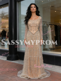Beading Long Sleeves Tulle Champagne Trumpet Mermaid Prom Dress
