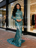 High Neck Sequin Floral Green Long Sleeve Prom Dress