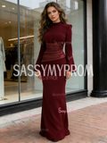Satin Detachable Train High Neck Burgundy Trumpet Mermaid Prom Dress