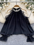 Elegant Tie Sleeve Pearl-Collared Black Dress