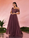 Simple Off The Shoulder Tulle A Line Belt Prom Dress