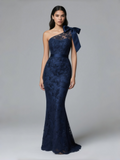 Lace Satin Trumpet Mermaid One Shoulder Navy Prom Dress