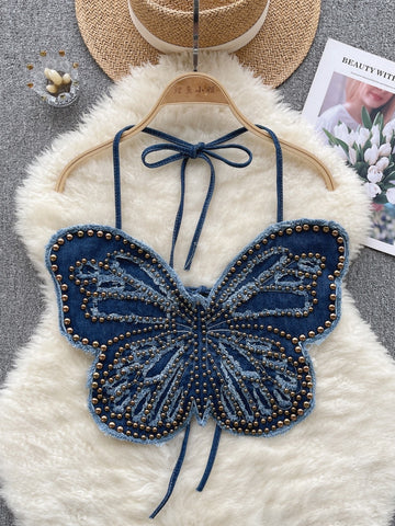 Bold Bead Embellishments Denim Butterfly Top