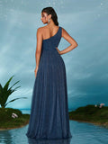 Navy Tulle A Line One Shoulder Prom Dress With Slit