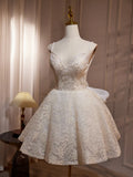 V Neck Lace Ivory Beading Homecoming Dress With Bowknot