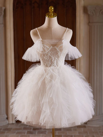 White Lace Appliques Tulle Homecoming Dress