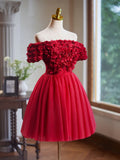 Flowers Tulle A Line Red Off The Shoulder Homecoming Dress