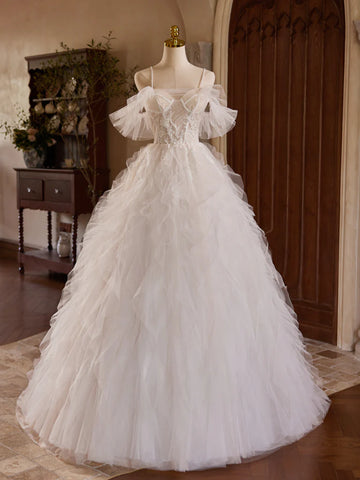 Voluminous Straps White Appliques Tulle Wedding Dress