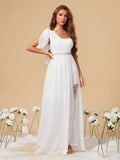 Chiffon Pearl Belt One Shoulder Wedding Dress With Slit