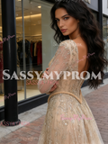 Beading Long Sleeves Tulle Champagne Trumpet Mermaid Prom Dress