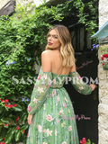 Green Off The Shoulder Floral Tulle A Line Prom Dress