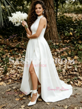 Halter Satin A Line High Low Wedding Dress With Slit