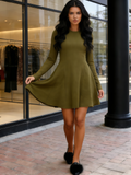 Long Sleeve Crew Neck Ribbed Knit Fit Flare A Line Dress